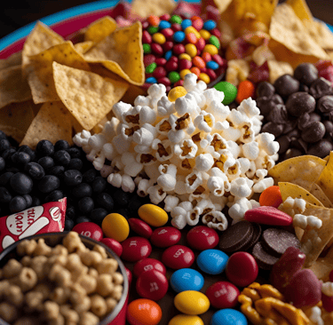 a plate of food that includes chips, chips, and candy