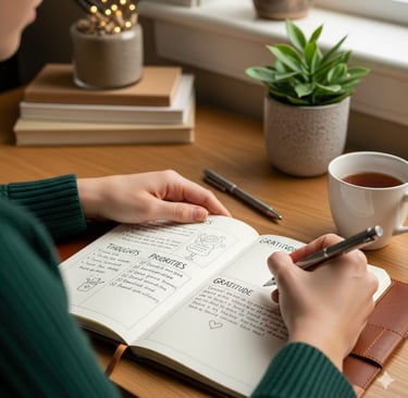 Person journaling at a cozy wooden desk with notebook and pen