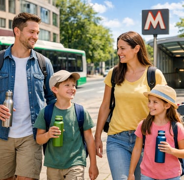 amily walking in city near metro and hotel