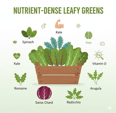 Nutrient-dense leafy greens infographic with kale, spinach, and other salad greens