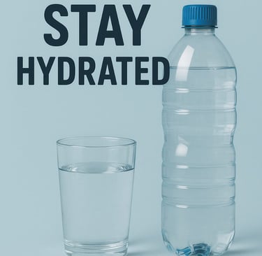 Stay hydrated message with water bottle and glass on blue background