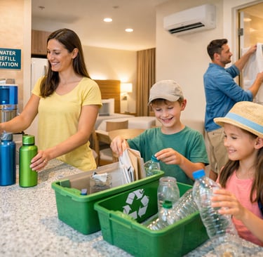 Family recycling and refilling water in hotel room