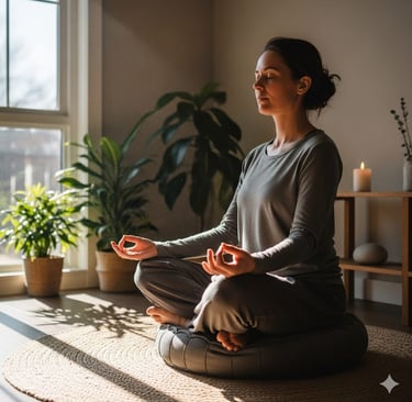 Mindfulness meditation in a sunlit room with plants and candle