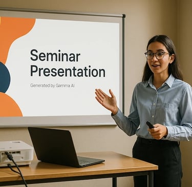 Student presenting a seminar slide deck created using Gamma AI tool