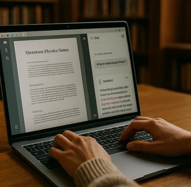 Student using ChatPDF on a laptop to analyze and chat with Quantum Physics notes