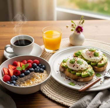 Healthy breakfast with oatmeal, avocado toast, eggs, coffee, and orange juice