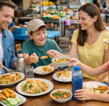 Eco travel family meal at local market