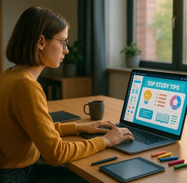 Student using Canva AI on a laptop to design educational infographics and study tips