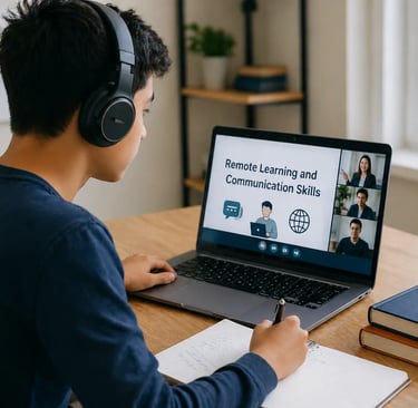 A student attending an online class on remote learning and communication skills