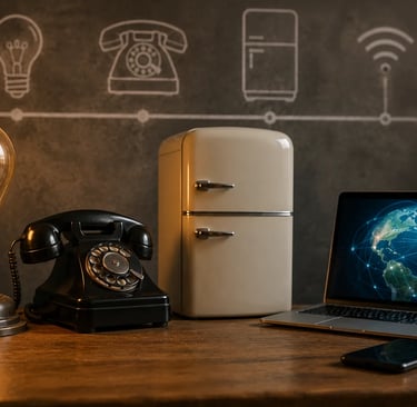 Evolution of technology from vintage appliances to modern internet connectivity