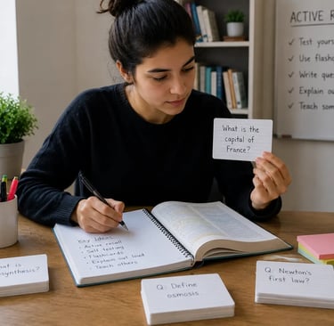 Student practicing active recall with flashcards and study notes