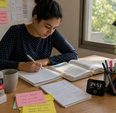 Student using active study techniques with notes, flashcards, and a timer