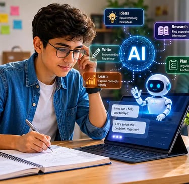Student using AI assistant on a tablet for learning and research in a classroom