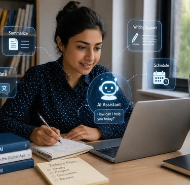 Student using an AI assistant for writing and scheduling
