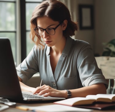 a woman sitting at a desk with a laptop and a notebook