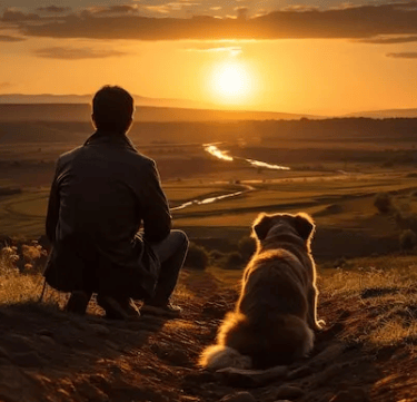 a man sitting on a hill with a dog