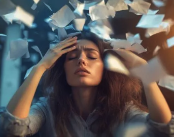 a woman with her hands on her head and a lot of papers flying around her