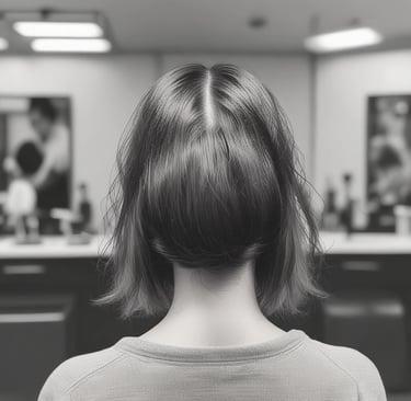 A hairstylist is curling the hair of a seated woman with a curling iron. The woman has long, wavy blond hair and is wearing a black salon cape. There is a plant in the background and a white railing behind the hairstylist.