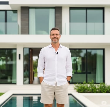 Professional real estate agent standing in front of a luxury home listing in Los Cabos.