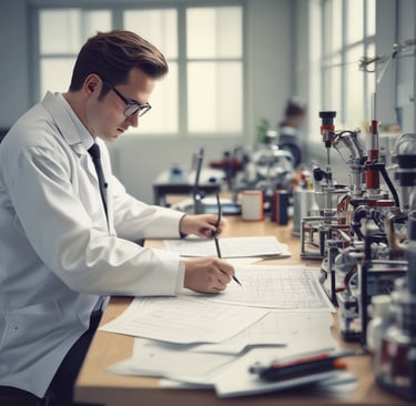 A scientist in a white lab coat and safety goggles is working in a laboratory. The scientist is interacting with a computer and a large, complex piece of lab equipment that is likely used for automated processes. There are several objects present including a cardboard box labeled 'Glass Disposal', various laboratory instruments, and a computer monitor displaying data. The lab is well-lit and organized with cabinets and shelves containing various lab supplies.