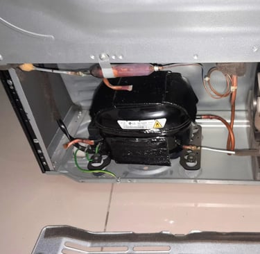 LG refrigerator compressor unit exposed for diagnosis and warranty claim – copper tubing and mountin