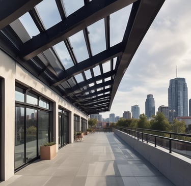 A narrow urban street surrounded by tall, brick buildings with modern and industrial architectural elements. There is a 'For Sale' sign on one of the buildings and the street is lined with street lamps. The pavement is empty, suggesting a quiet moment in the city.