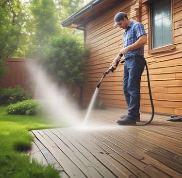 An outdoor car wash facility at night is illuminated by artificial lighting. In the foreground, there is a fuel dispenser station with multiple hoses and a payment terminal. The building has signage indicating 'Car Wash IN' with glowing letters. Cleaning equipment and supplies are visible on the right side. A person can be seen in the background setting up or handling cleaning materials.