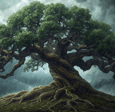 Tree standing firm in a strong storm