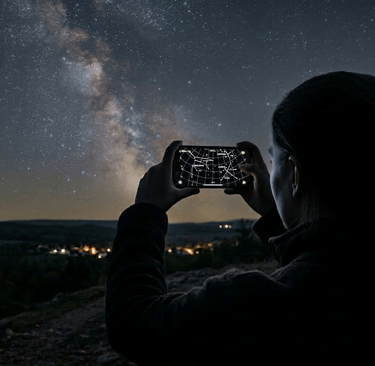 femme regarde iPhone application pour découvrir constellation la nuit