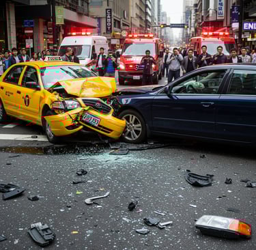 Imagen que muestra un accidente entre un taxi y un vehiculo en una ciudad en una interseccion de cal
