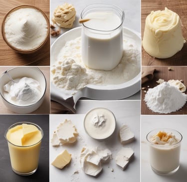 a collage of different types of food and ingredients. Se representa el suero de leche,cuajada, queso