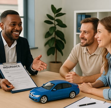 Dominican insurance agent explaining car coverage options to expat couple in Punta Cana office.