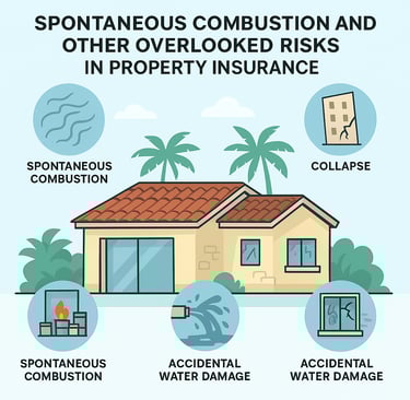 Infographic of a Caribbean villa showing overlooked property insurance risks: fire, smoke, collapse,