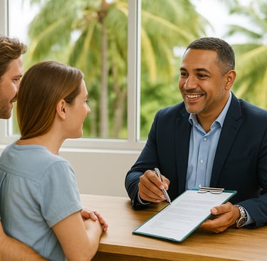 Bilingual Dominican insurance broker advising a foreign couple in a tropical office setting in the D