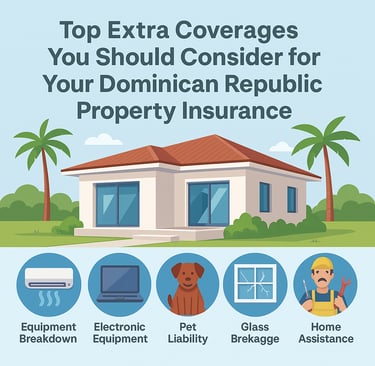 Infographic showing a Caribbean villa with icons for extra property insurance coverages in the DR
