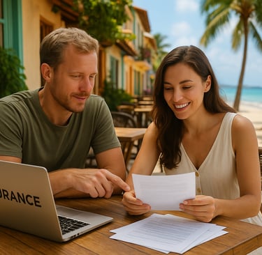 a man and woman sitting at a table with papers
