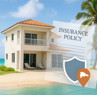Beachfront villa in Punta Cana with visible wall cracks, overlaid with an “Insurance Policy” doc