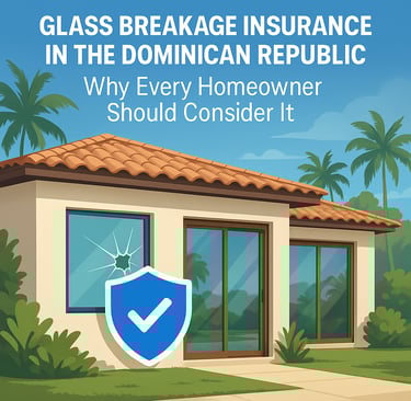 Caribbean home with cracked window and shield icon symbolizing glass breakage insurance.