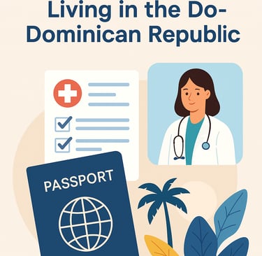Flat illustration showing a passport, a health insurance checklist with checkmarks, and a female doc