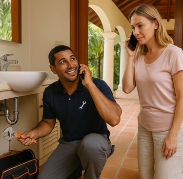 A Dominican home technician fixing a leak in a tropical-style villa while speaking with a foreign ho