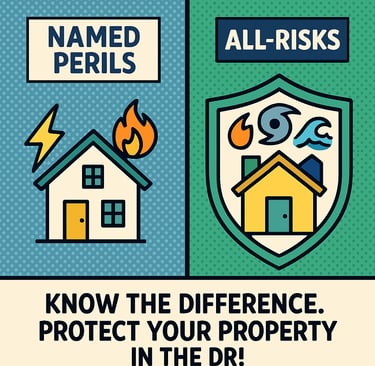 Comic infographic: Named Perils vs All-Risks property insurance in Dominican Republic.