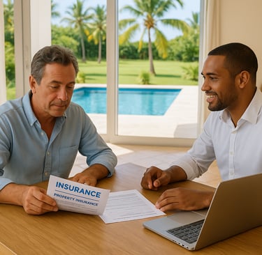 Real estate agent and client reviewing property insurance options in a tropical villa setting.
