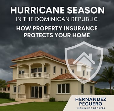 Luxury villa in Punta Cana with storm clouds overhead and a protective insurance shield overlay,