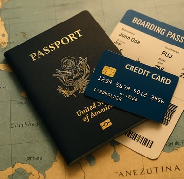 a passport and a credit card on a map