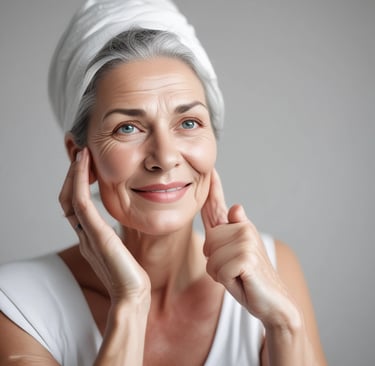 Close-up of a mature woman's hand gently applying retinol cream to her skin, with soft natural lighting highlighting texture and care.