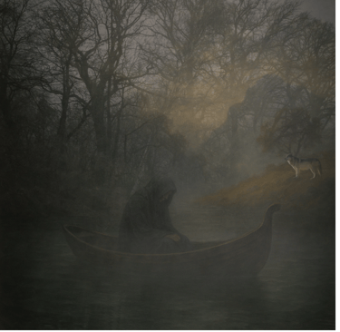 Figure on the River Styx drifts through ancestral fog, guided by wild instinct toward soul return