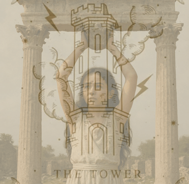 Exile within crumbling pillars and Tower tarot card, symbolizing collapse of safety and erotic fear.