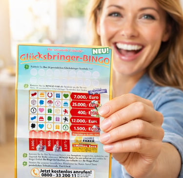 Eine Frau hält das original Glücksbringer-Bingo Los hoch