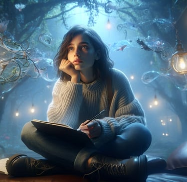 Image depicting a young girl in a world of fantasy and imagination