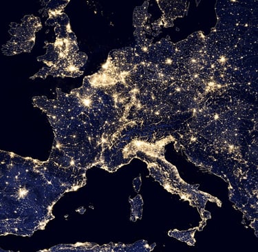 Satellite image of the European continent at night